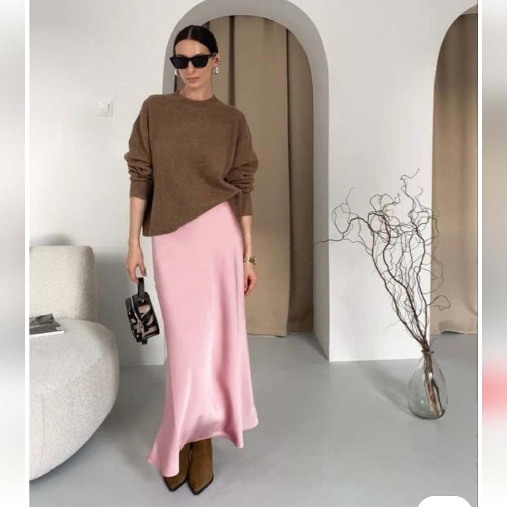 Zara Satin Effect Midi Skirt Light Pink Size XS